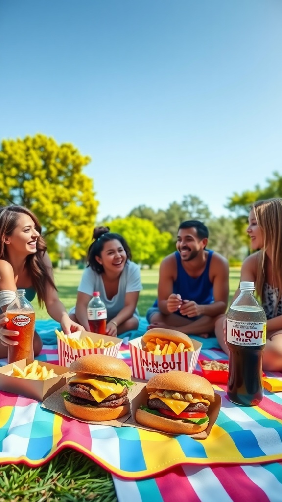 A colorful picnic scene with In-N-Out burgers and fries, capturing the joy of sharing fast food with friends outdoors.